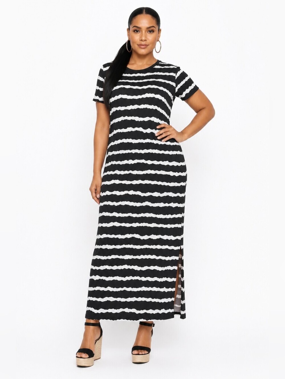 Real Essentials Women's Black & White Striped Maxi Dress with Side Slit – XL.